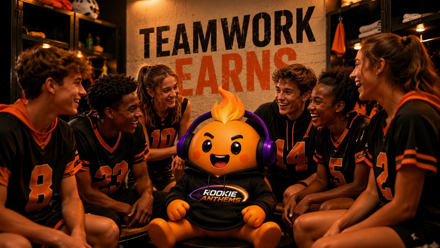 Ampy, the Rookie Anthems mascot, laughing with a team